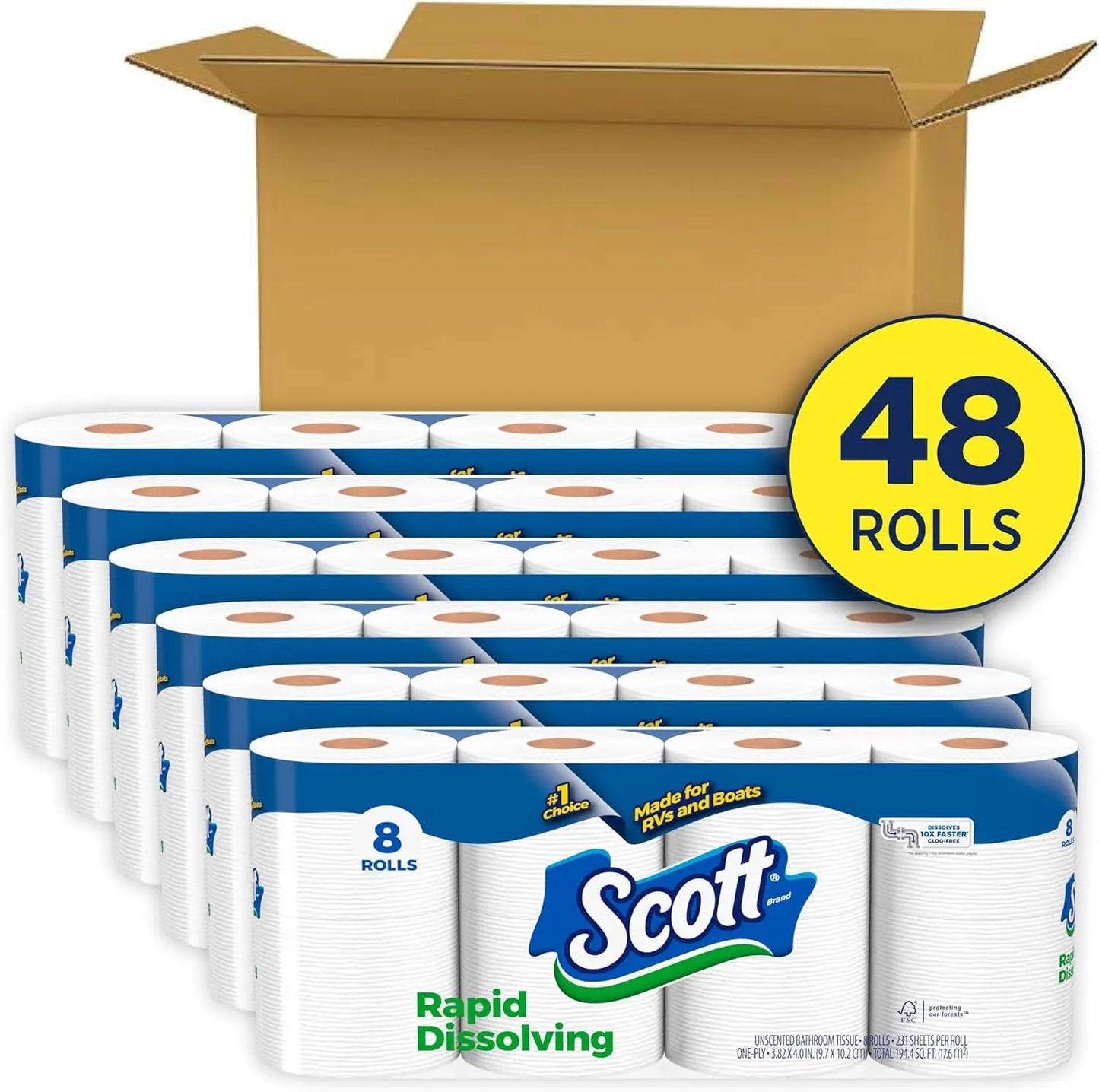 Septic-Safe Toilet Paper 48 Double Rolls Rapid-Dissolving for Effortless Flushing