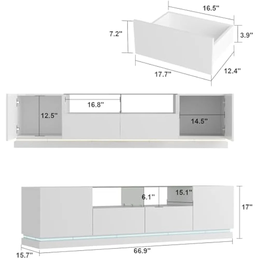 LED Glass TV Stand Console With Drawers Shelves and Cabinets for Modern Entertainment Center