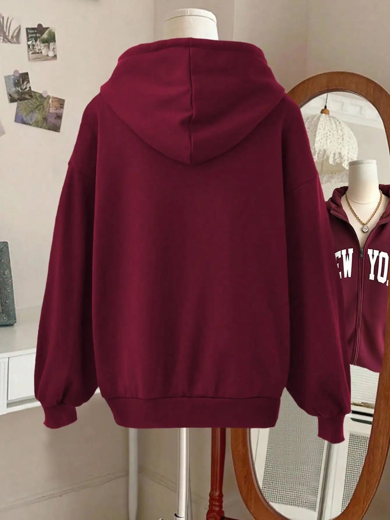 Women's Burgundy New York Letter Print Zip-Up Hoodie, Loose Fit Casual Sweatshirt