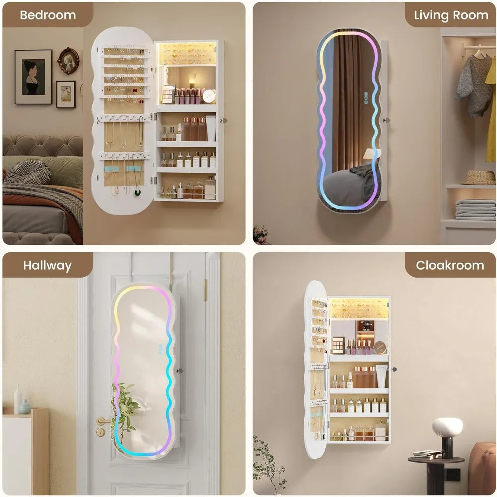 RGB Lighted Mirror Jewelry Cabinet Wall Or Door Mount Storage