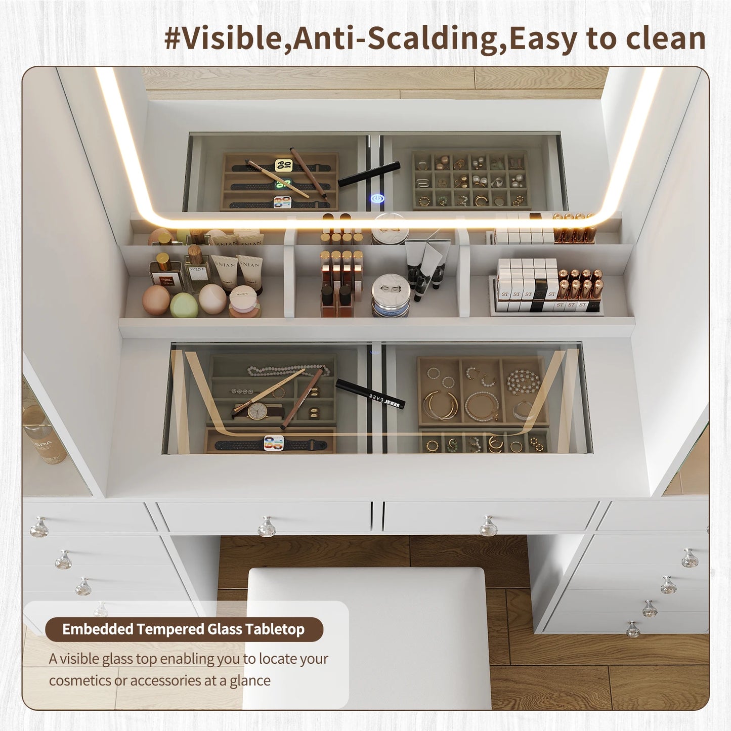 Bedroom Makeup Vanity Desk with Mirror, 12 Drawers