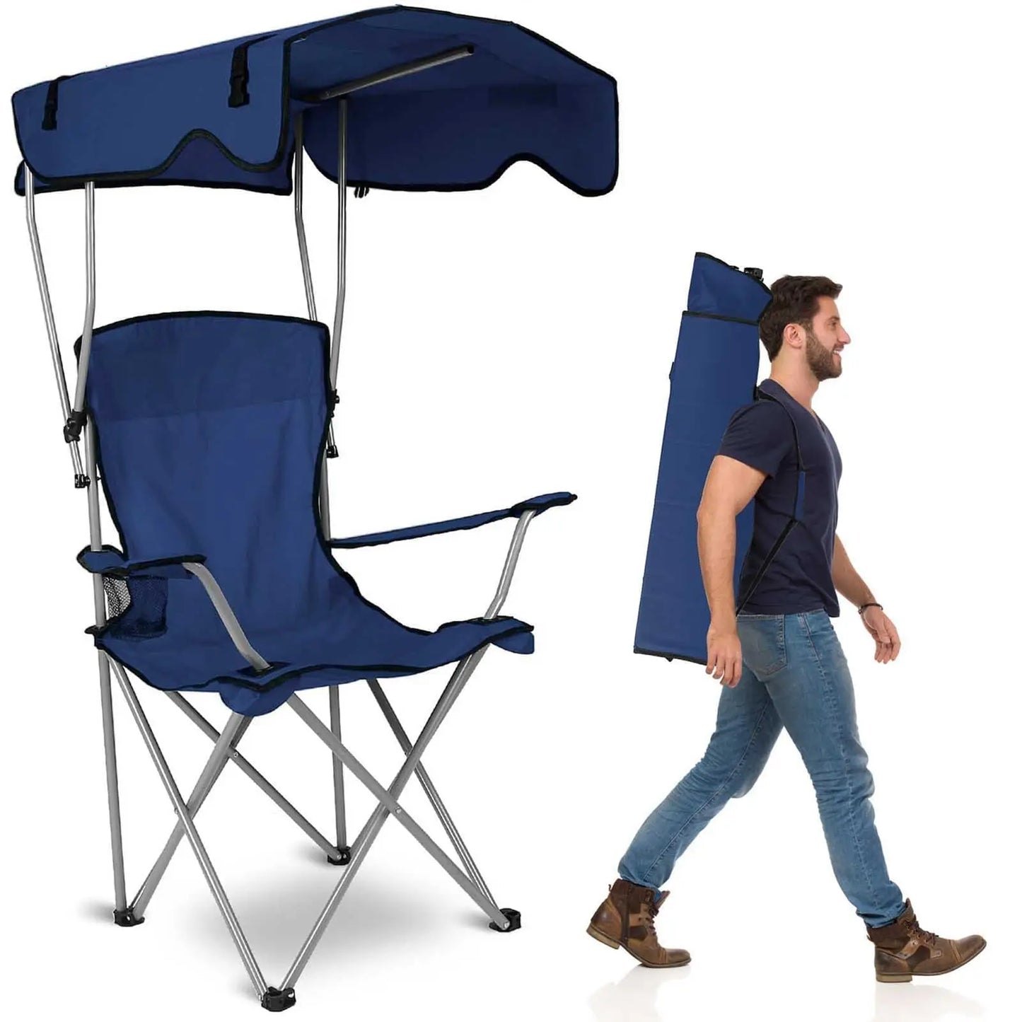 Camping Chair With Canopy Outdoor Portable Folding Lounge Chair UPF 50 Sun Shade Cup Holder