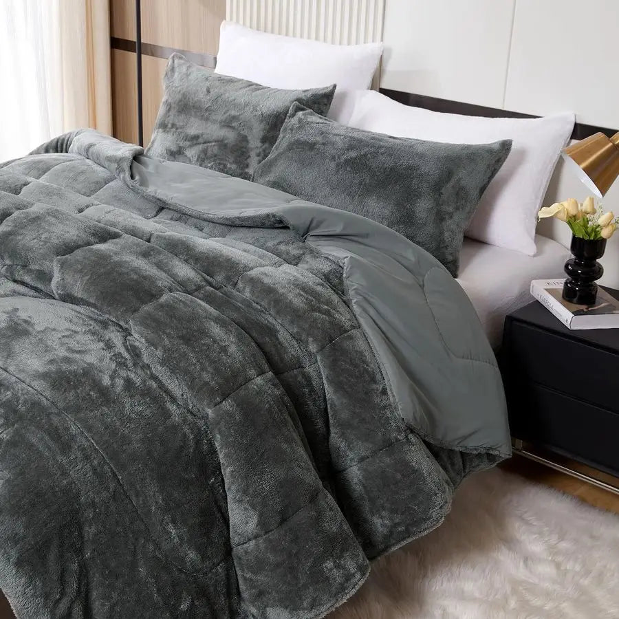 Faux Fur Comforter Set 100 Percent Cotton Ultra Soft Plush Bedding for Winter Cozy All Season