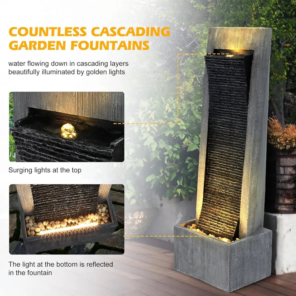 49.6''H Cascading Rock Water Fountain Outdoor Garden Waterfall with Lights, Fountain Indoor Decor for Garden, Patio, Back