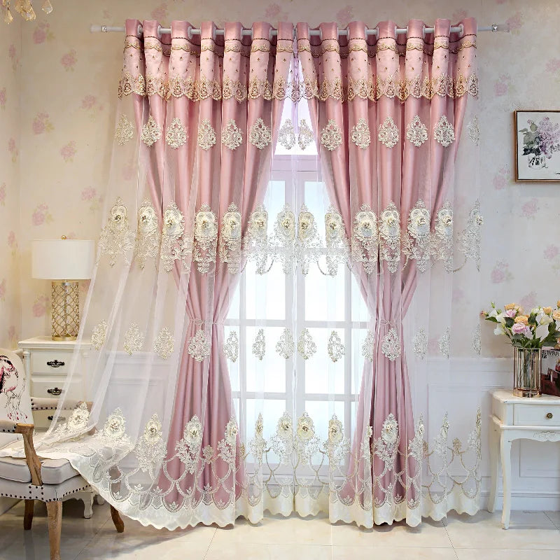 Double Layer Blackout Curtains With Embossed Base And 3D Embroidered Detailing In Polyester For Bedroom And Living Room