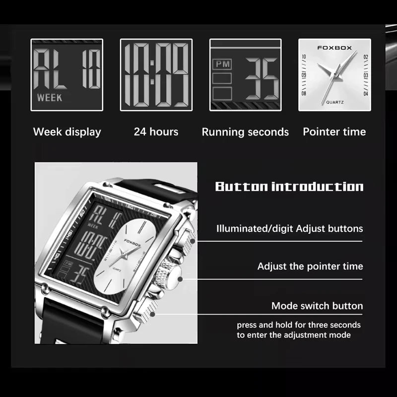 Foxbox Square Digital Quartz Mens Wristwatch Silicone Strap