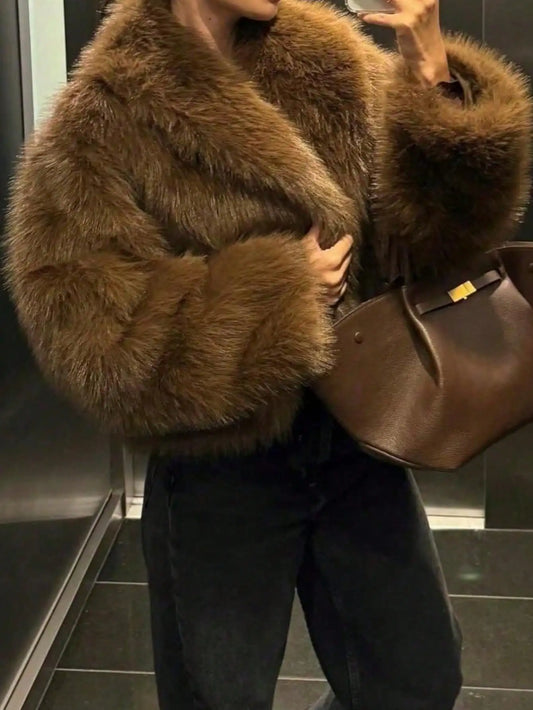 Faux Fox Fur Short Jacket for Women, Winter Warm Cozy Coat with Plush Collar, Fashionable Street Style
