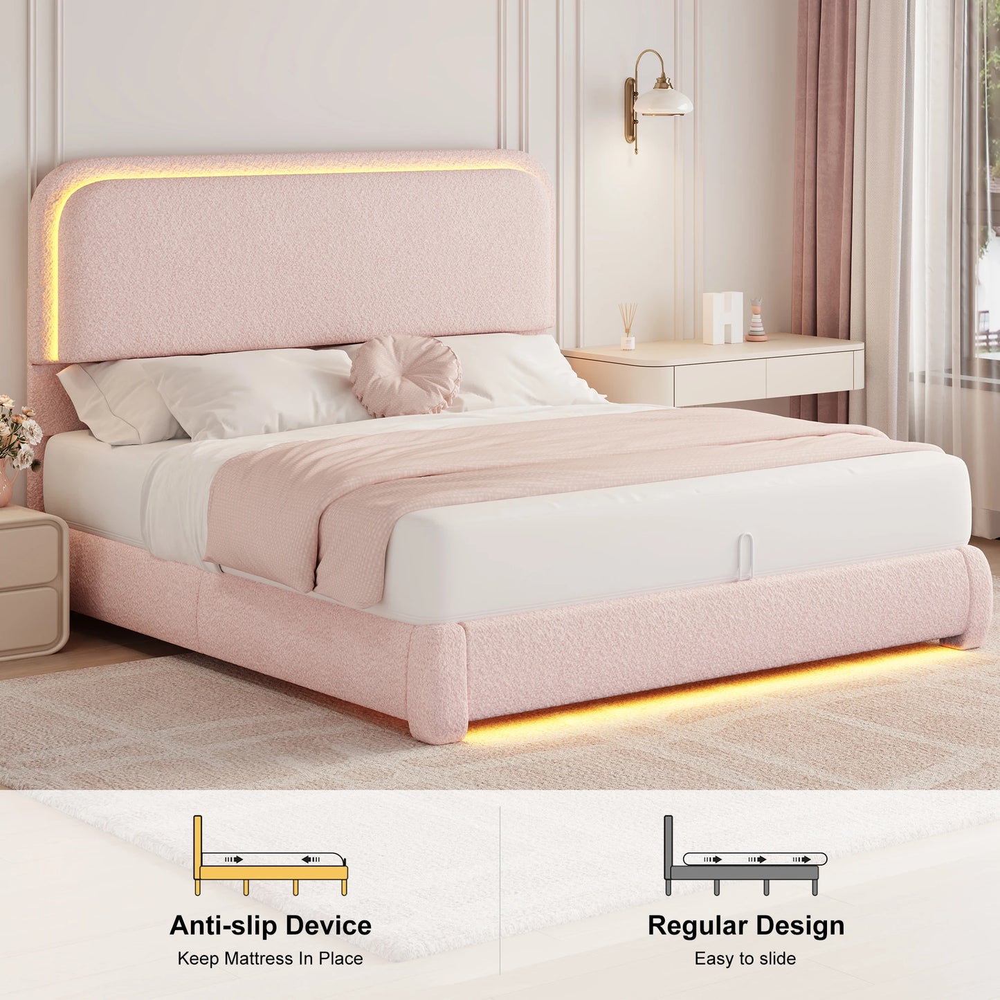 SIBEDSCN LED Bed Frame With Storage Drawers Velvet Upholstery Rounded Headboard