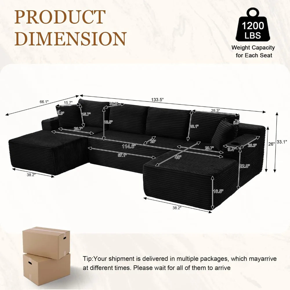 Modular Sectional Sleeper Sofa U Shaped Five Seat With Two Storage Pockets For Living Room