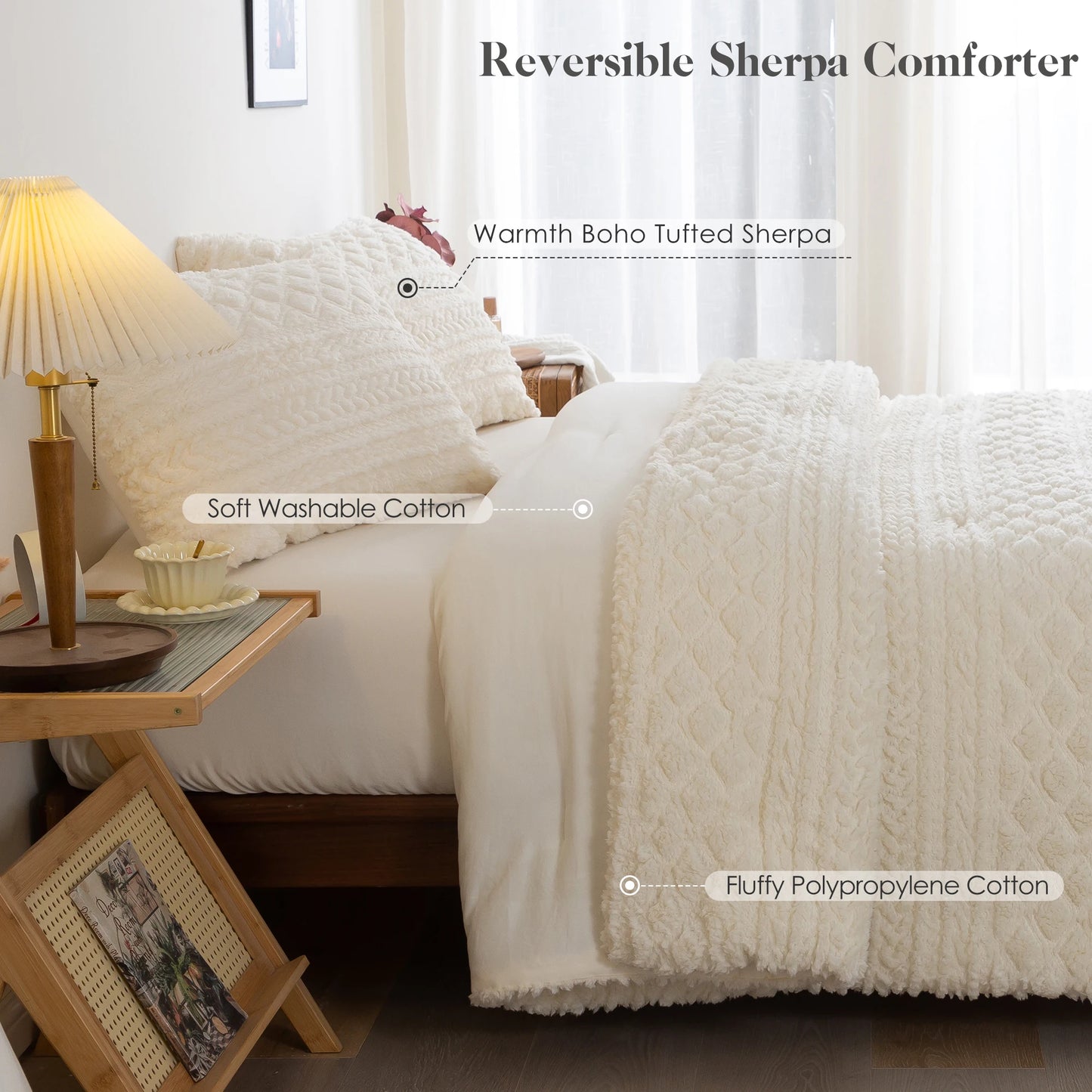 COTTEBED Plush Fleece Sherpa Comforter Set All Season Ultra Soft Boho Tufted Bedding
