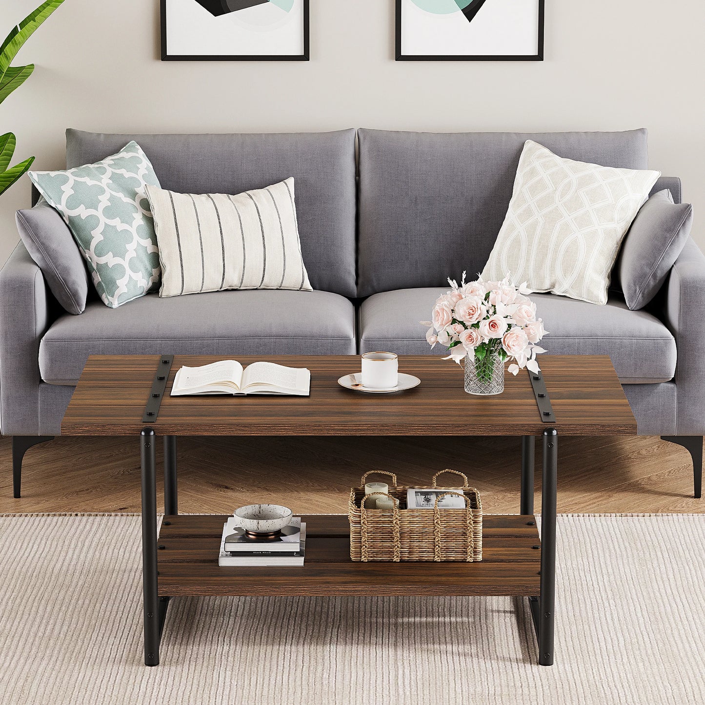 HobbyLane 2-Tier RusticCharm Wood Coffee Table With FarmhouseStorage Shelf UnitPro
