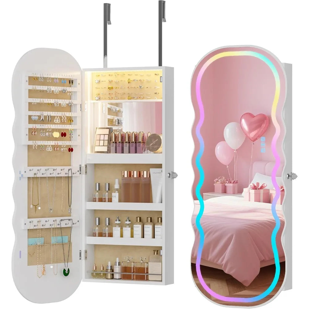 RGB Lighted Mirror Jewelry Cabinet Wall Or Door Mount Storage