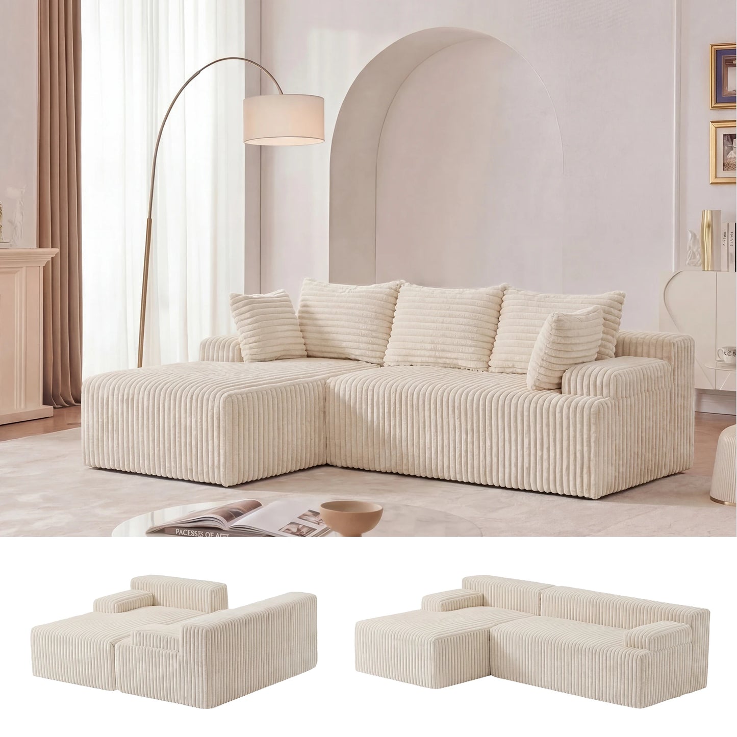 Redlife L-Shape Corduroy Sectional Sofa Cloudlike Luxurious Comfort For LivingRoom