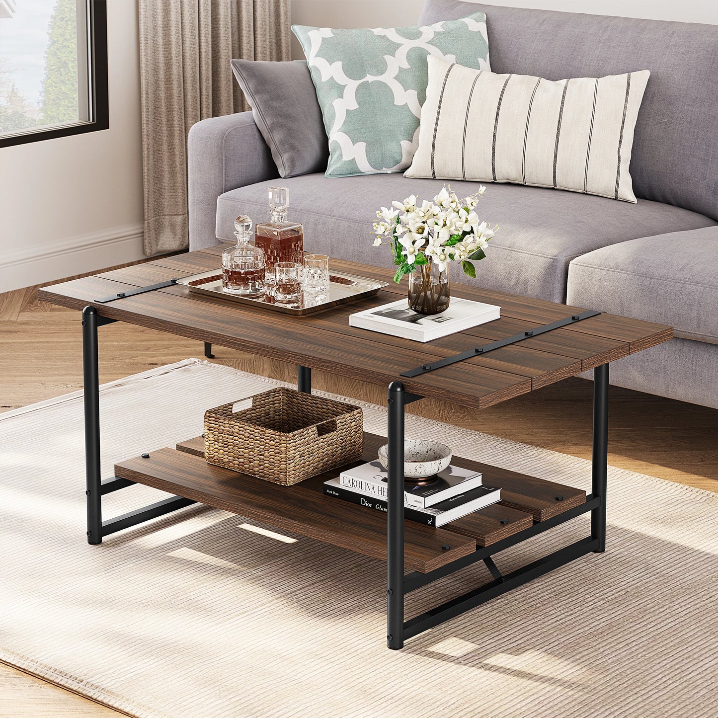 HobbyLane 2-Tier RusticCharm Wood Coffee Table With FarmhouseStorage Shelf UnitPro