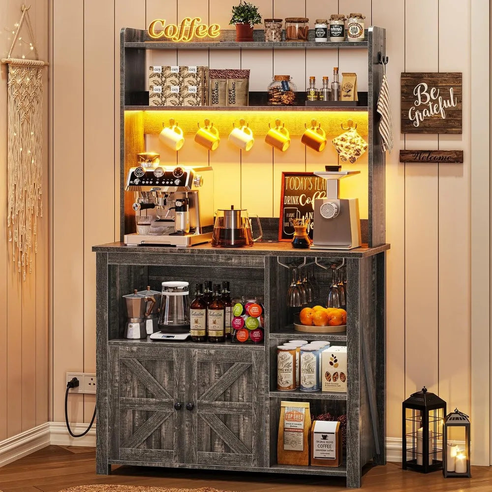 Farmhouse Coffee Bar Cabinet With LED Power Outlet And Hutch