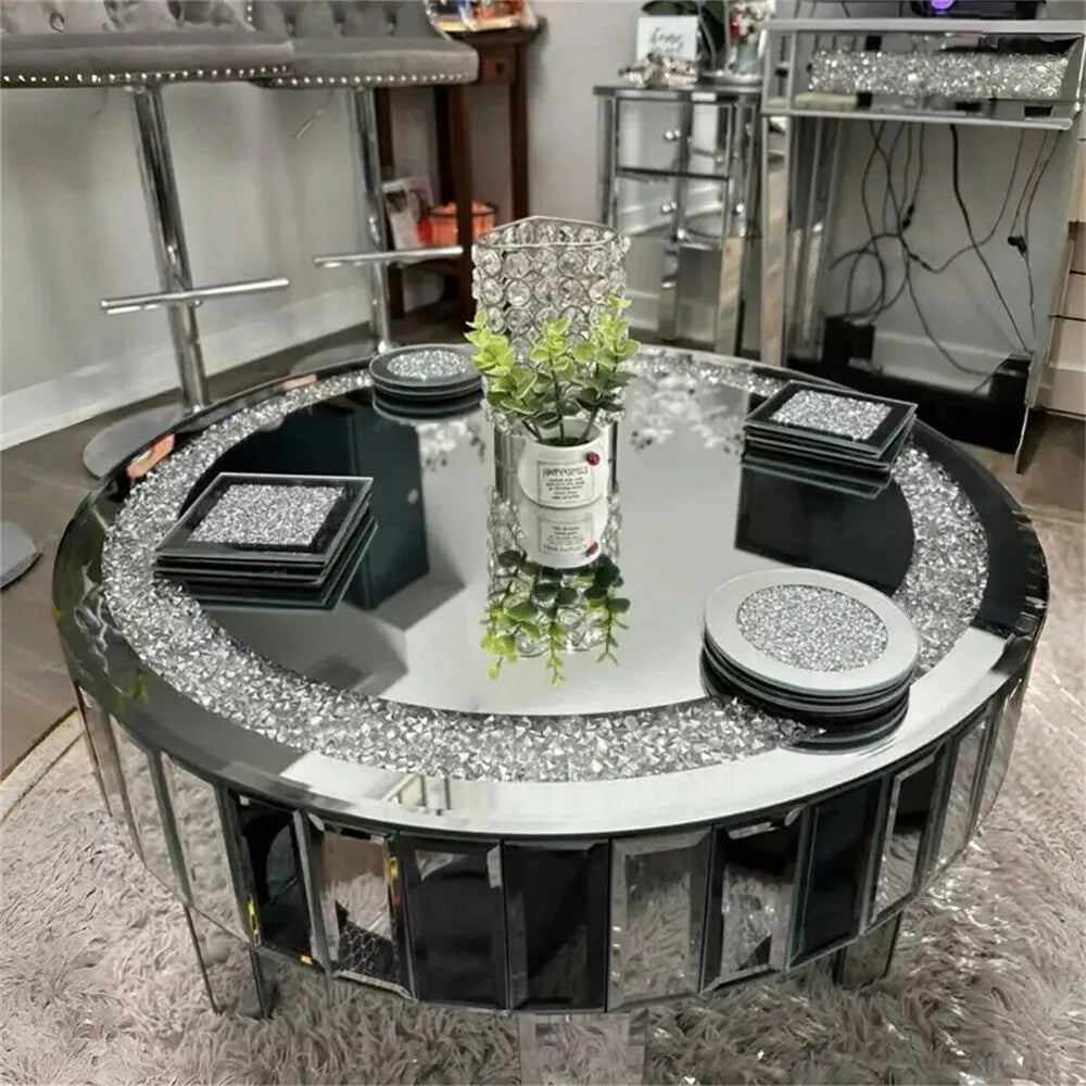 Crushed Crystal Mirrored Round Coffee Table