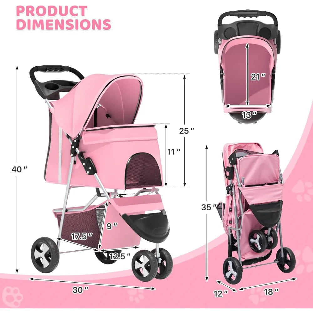 3-Wheel Pet Stroller Foldable Travel Jogger for Dogs and Cats