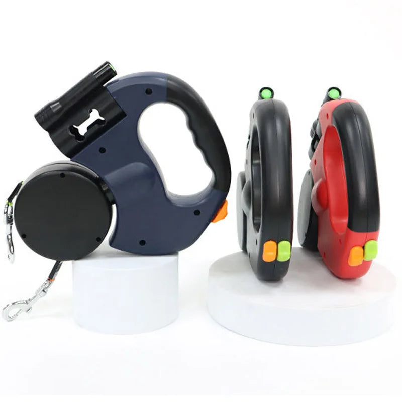 3in1 Double Head Retractable Dog Leash With Flashlight PoopBagDispenser