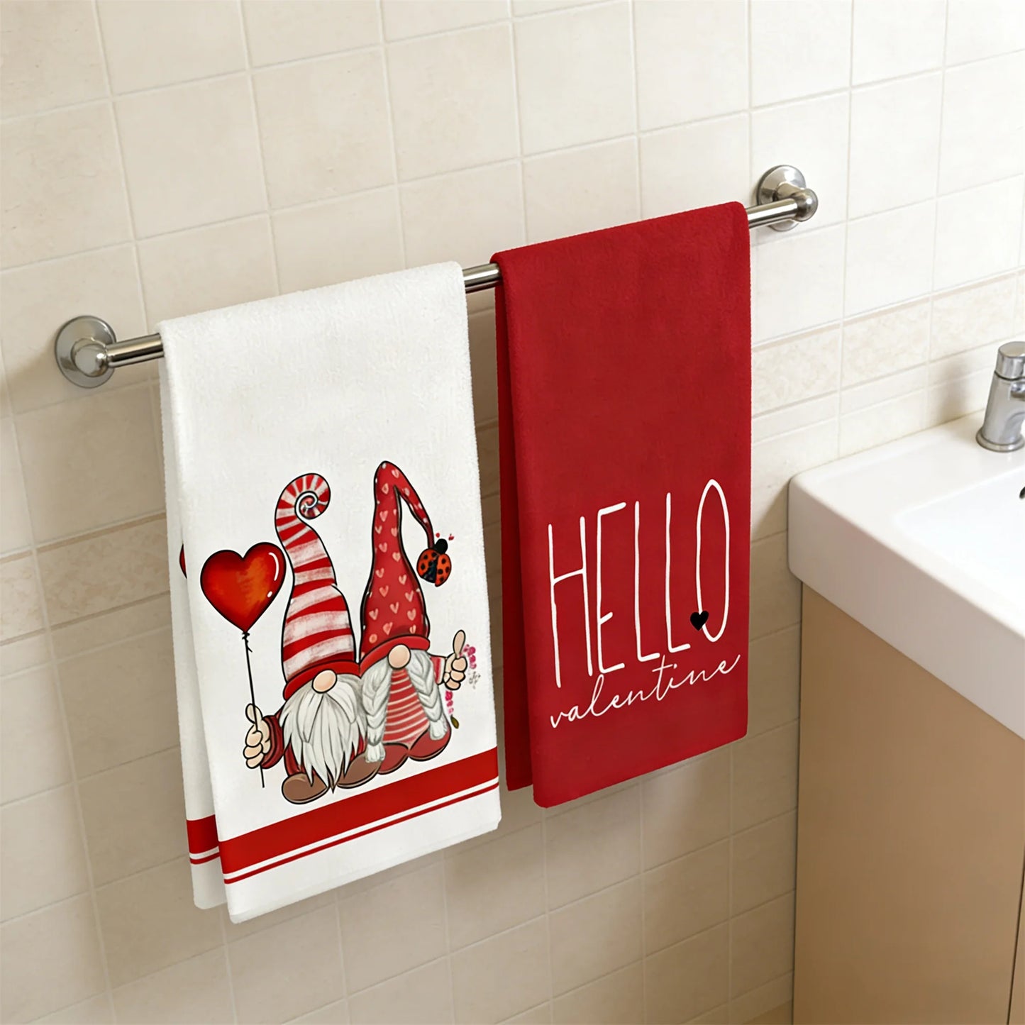 Valentine Heart Gnome Print Towels Set for Bath Kitchen Premium