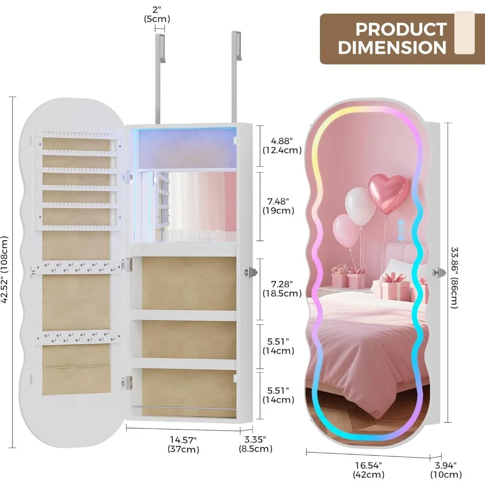 RGB Lighted Mirror Jewelry Cabinet Wall Or Door Mount Storage