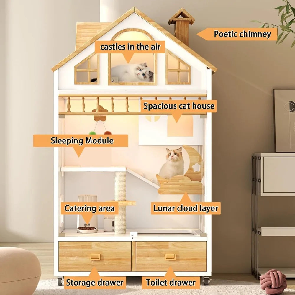 Wooden Enclosed Cat Condo On Wheels With Litter Box