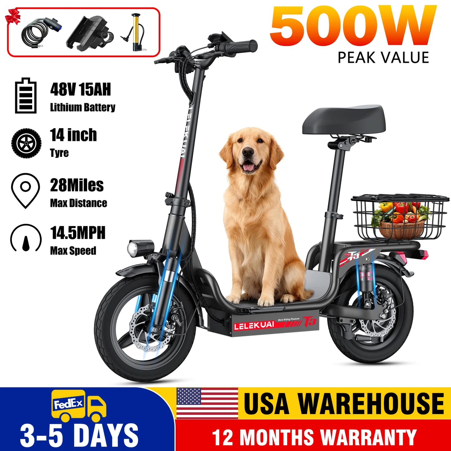 HEZZO 500W 48V Electric Scooter Foldable With Basket For Commute