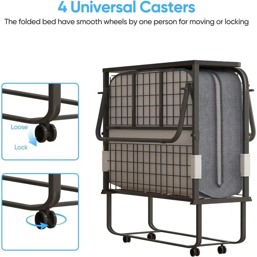 ZHUXIANG Portable Rollaway Bedstead With Mattress Headboard And Reinforced Casters