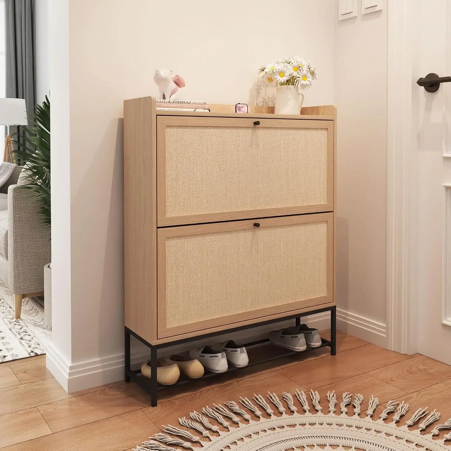 Freestanding Shoe Cabinet With Two Flip Drawers For Hallway