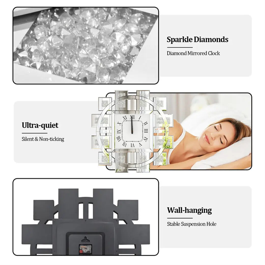 Round Wall Clock with Crushed Diamond Decor Beveled Mirror Edge