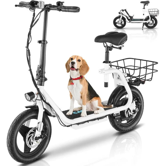 Adult Foldable Electric Scooter with Seat, 30-Mile Range, 20 MPH, 500-1200W Motors, 14 Fat Tires, Pet & Cargo Basket, Customized