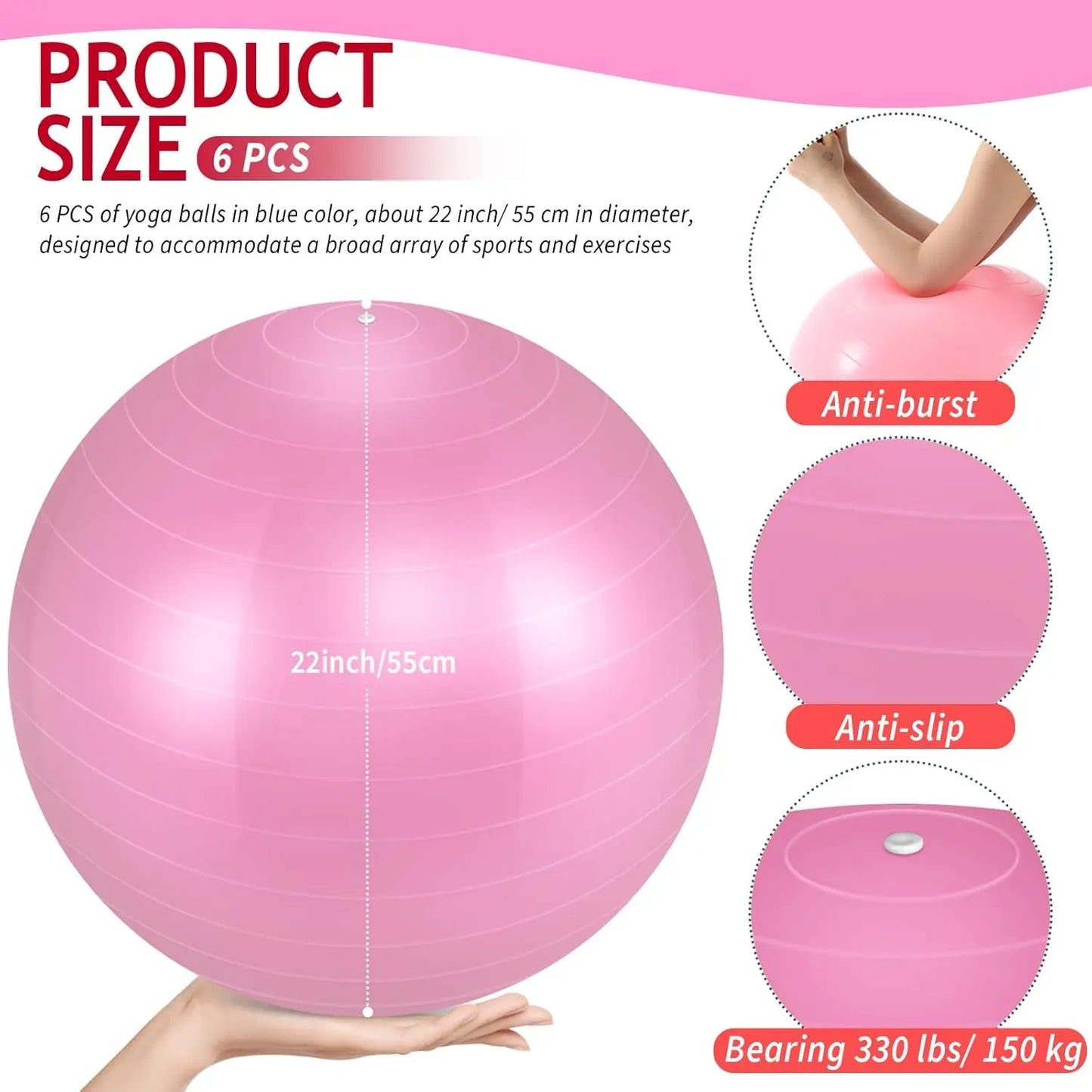6 Pack Inflatable Exercise Ball 22 Inch Heavy Duty Yoga Pilates Pregnancy Workout Balance Therapy