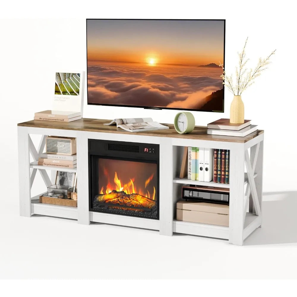 Farmhouse Fireplace Television Cabinetry With Electric Fireplace And Adjustable Shelves