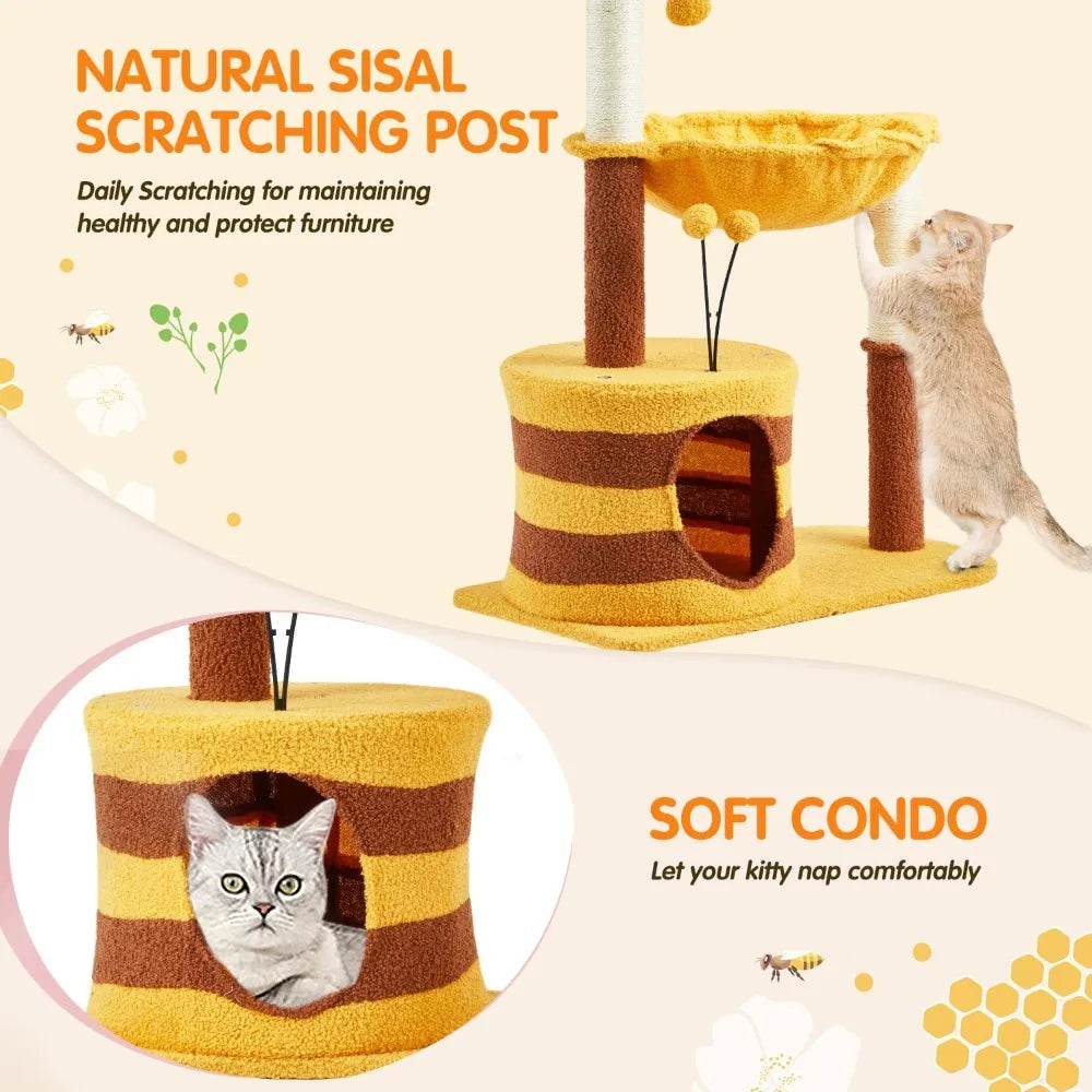 Erinnyees 35-inch Flower-Themed Cat Tree with Bee Accents, Compact Indoor Cat Tower Featuring Sisal Scratch Pad, Plush Condo, an