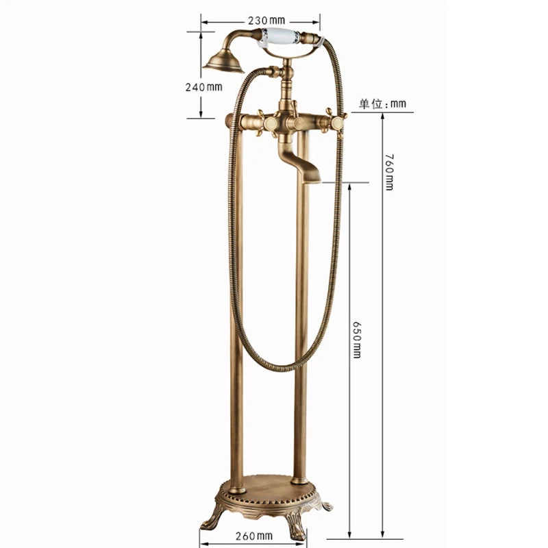ALENARTWATER Brass Antique Bathroom Faucet Set With 360 Rotation Floor Stand Telephone Hand Shower