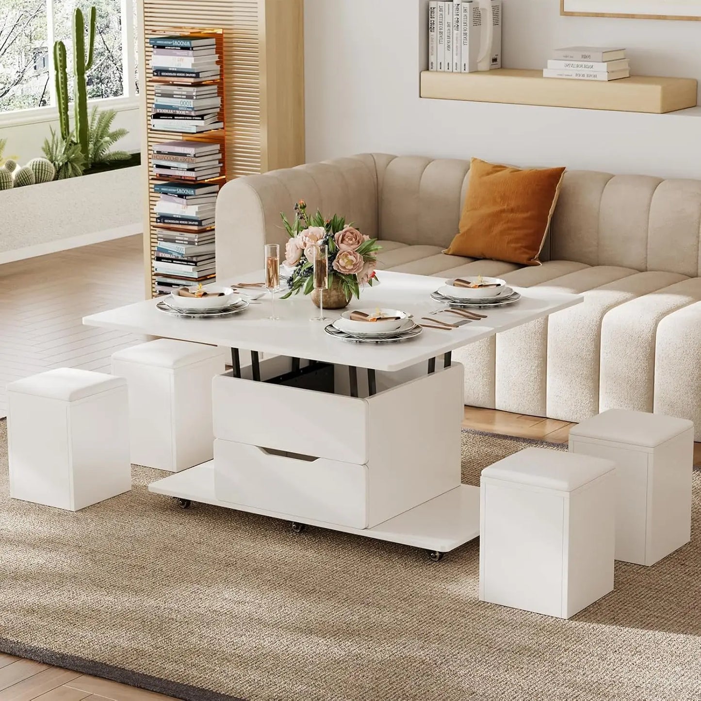 Natural Lift Top Coffee Table With Hidden Storage And Four Stools Three In One Modern Multi Function Center Table