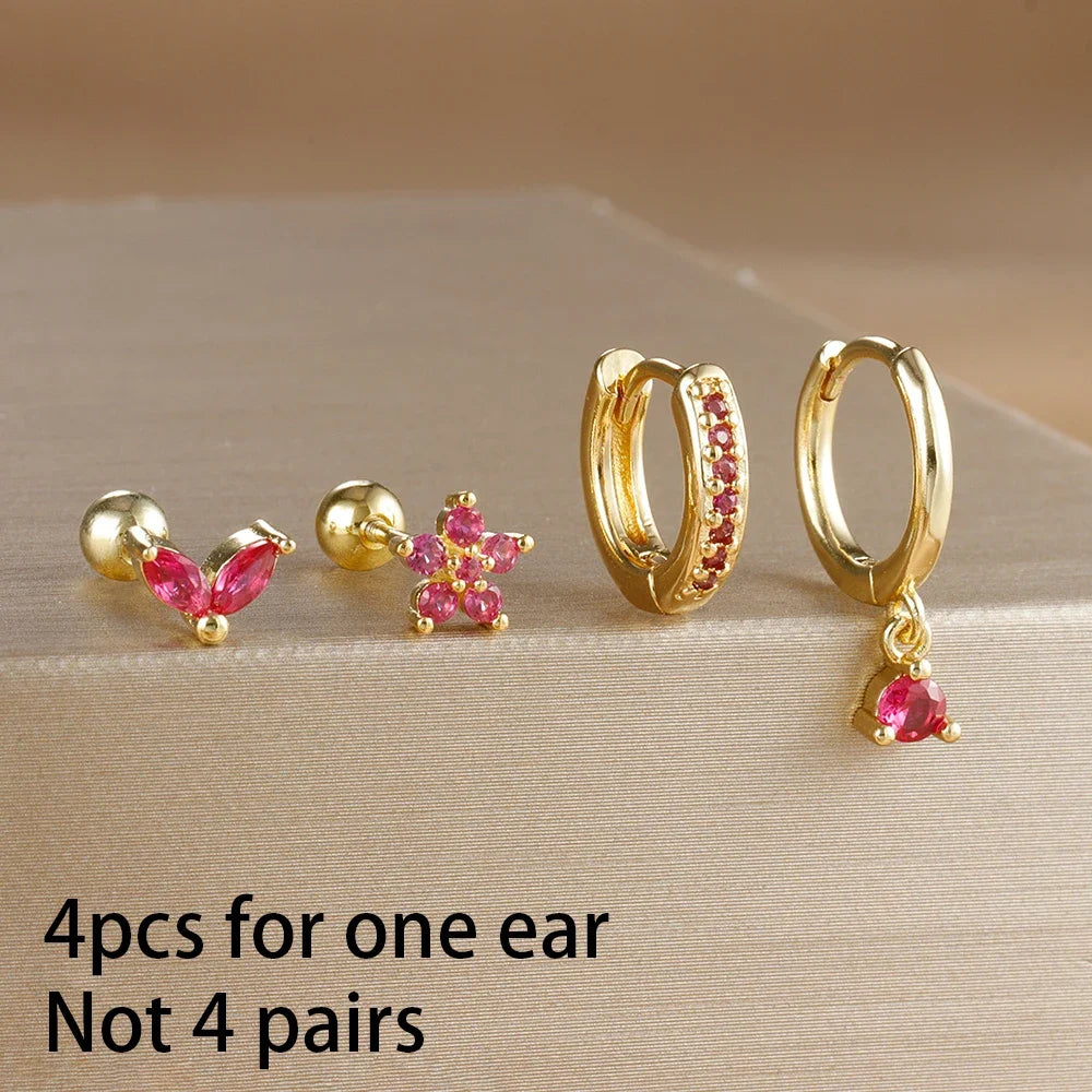 4PCS Rose Red Zircon Stainless Steel Hoop Earrings Set for Women Pendant Water Drop Earring Piercing Jewelry Gift