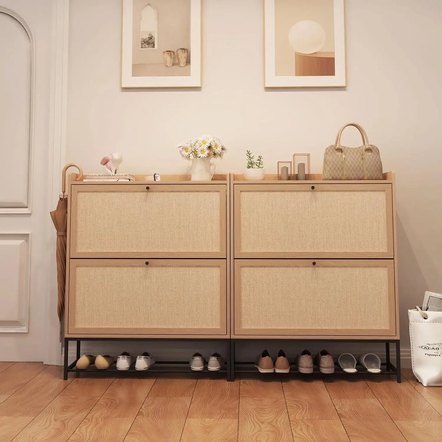 Freestanding Narrow Shoe Cabinet With 2 Flip Drawers