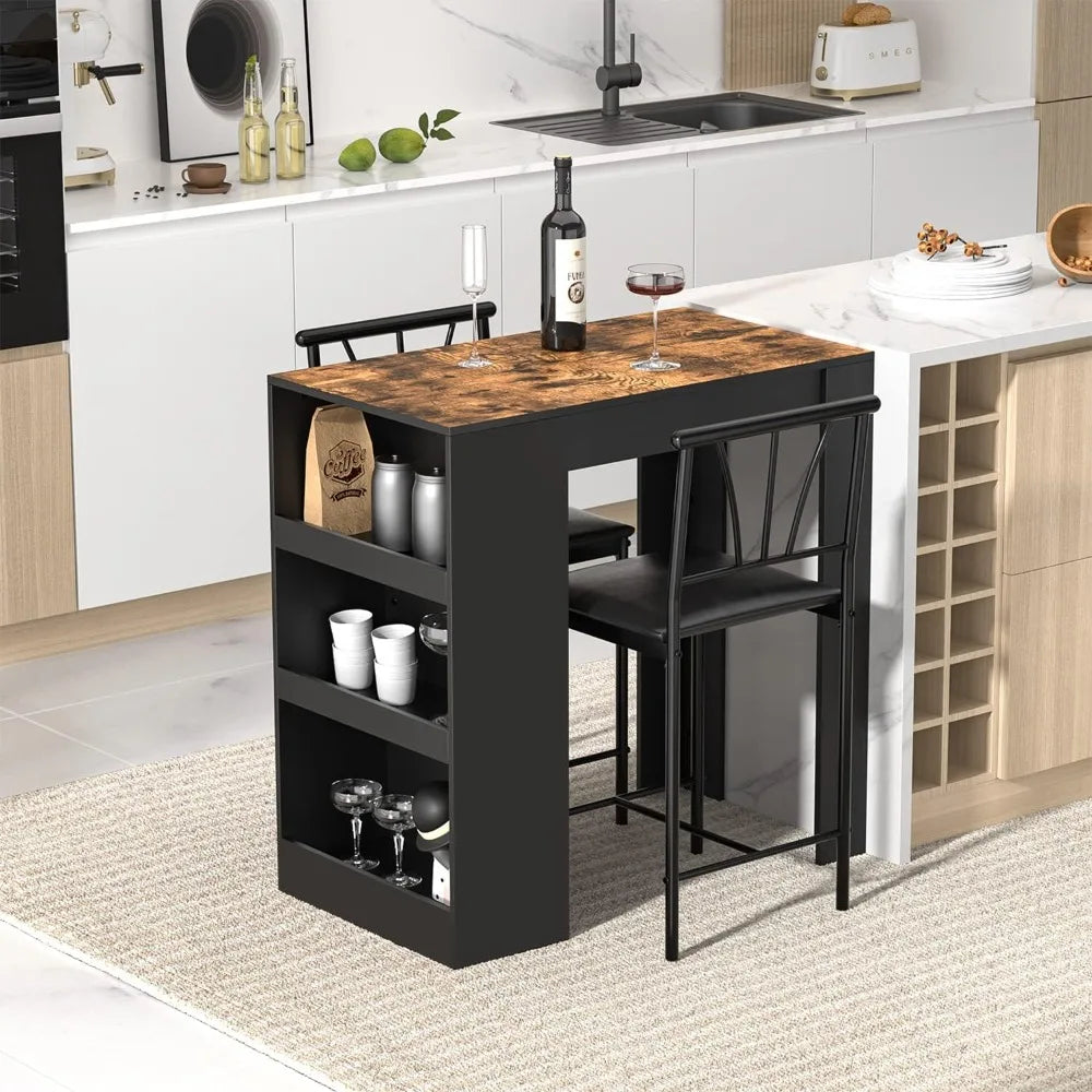 Retro Bar Table and Chairs Set for Two with HighCapacityIntegratedShelvesAndStorage