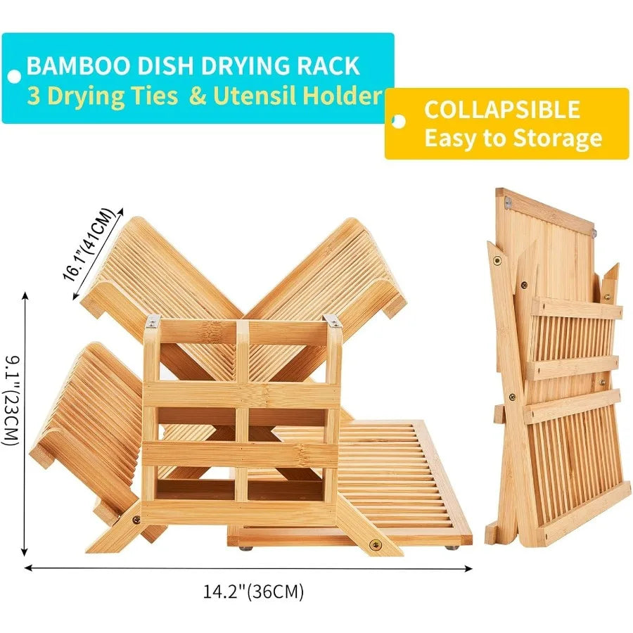 Bamboo Dish Drying Rack, 3 Tier Collapsible Wooden Dish Drainer Rack with Utensil Holder, Plate Rack for Kitchen Counter, Large
