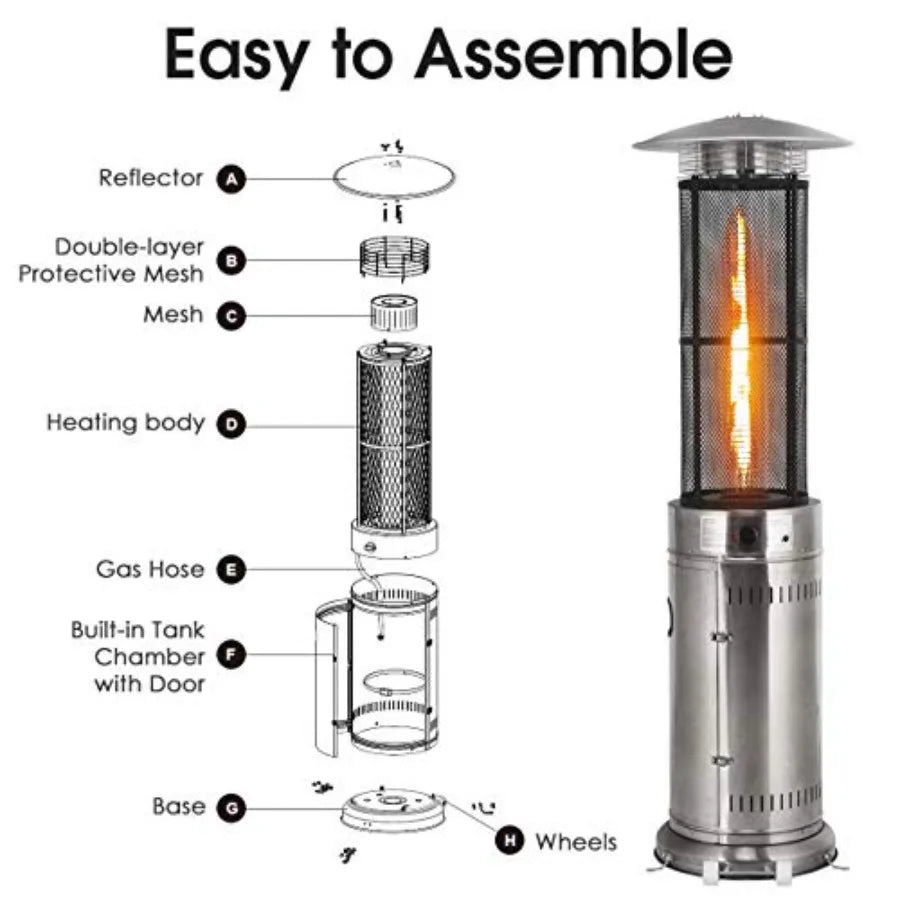 Outdoor Round Patio Heater 40000 BTU Stainless Steel Propane Heater with Adjustable Heat Wheels True Flame for Garden Balcony B