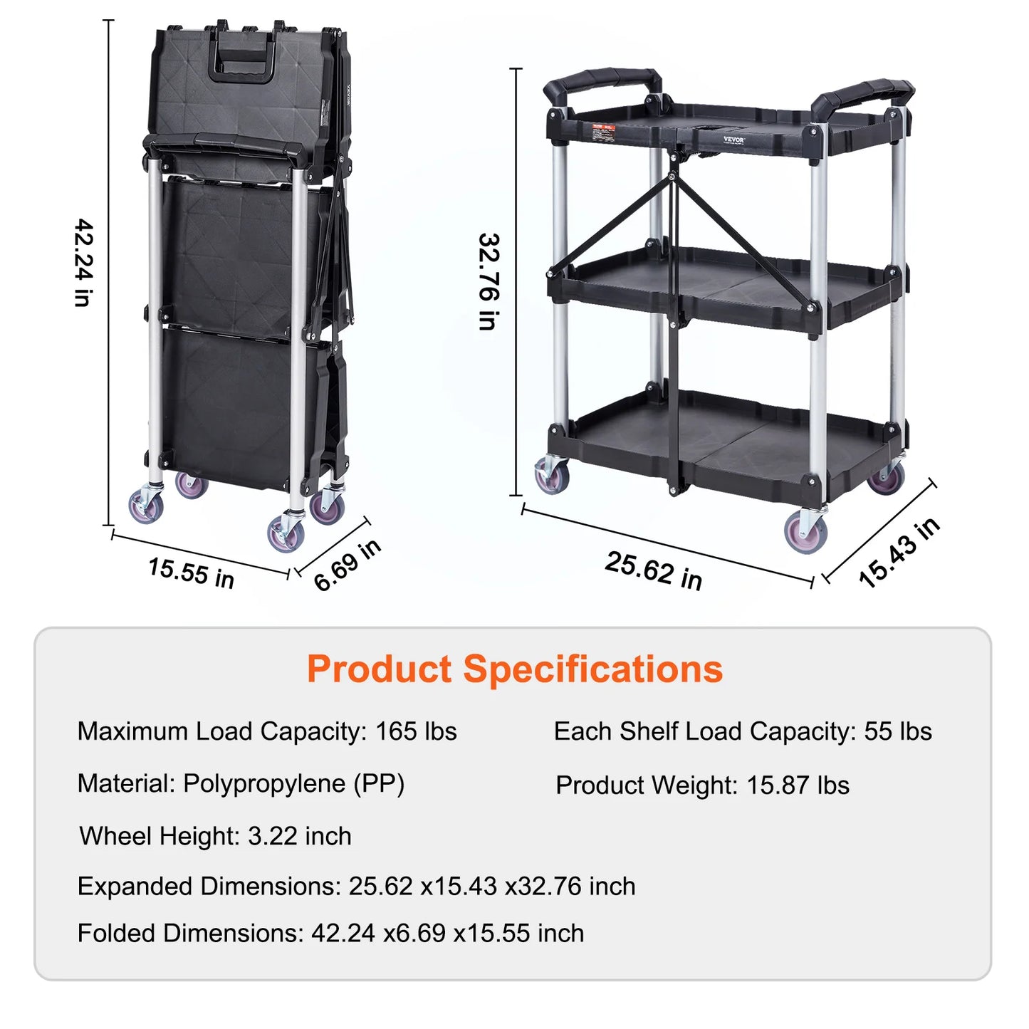 SucceBuy 3 Tier Folding Rolling Utility Cart Storage Shelf Movable Gap Rack Serving Cart Slide Organizer for Kitchen Bathroom