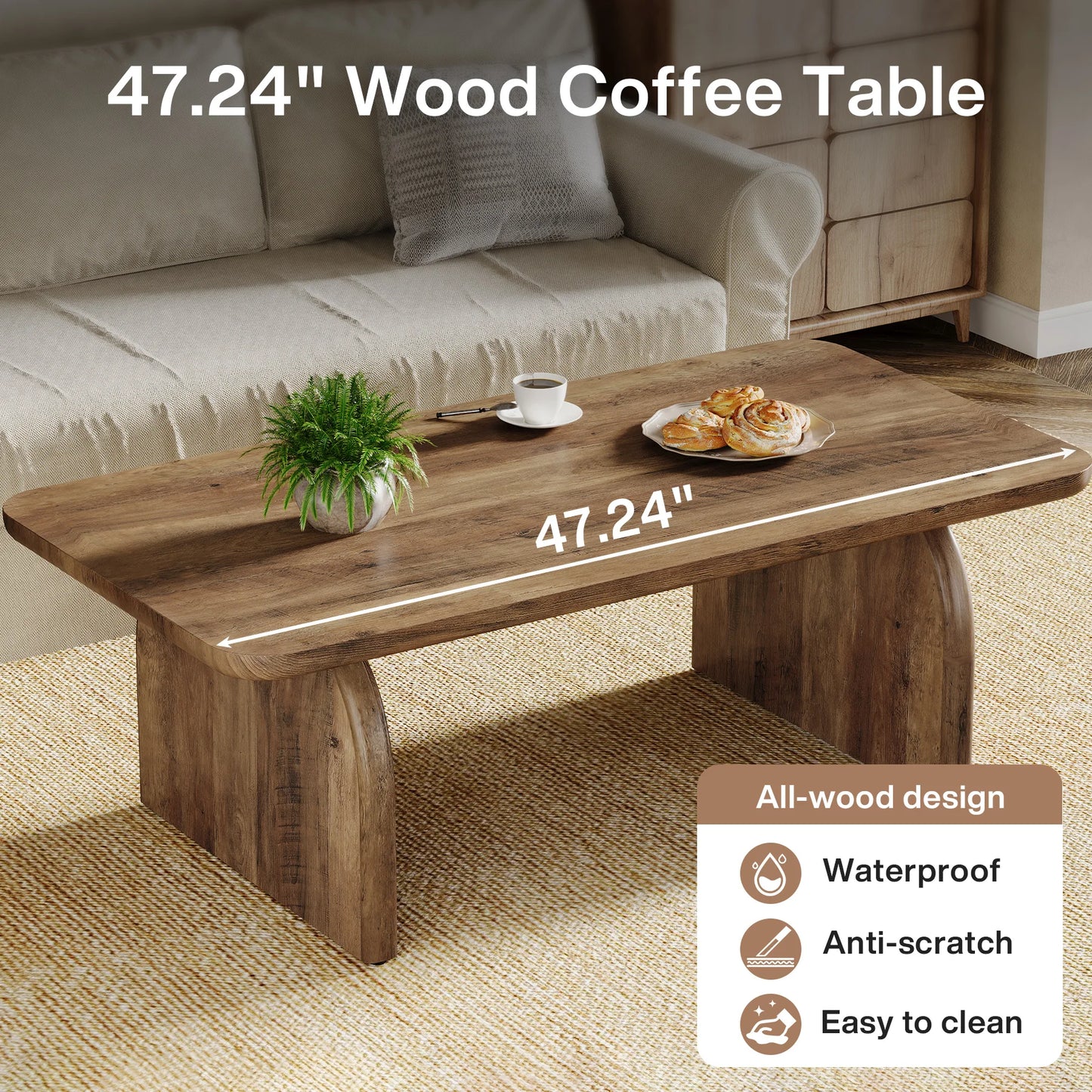 Tribesigns Farmhouse Rectangular Coffee Table Engineered Wood Center Cocktail Table With Sturdy Base