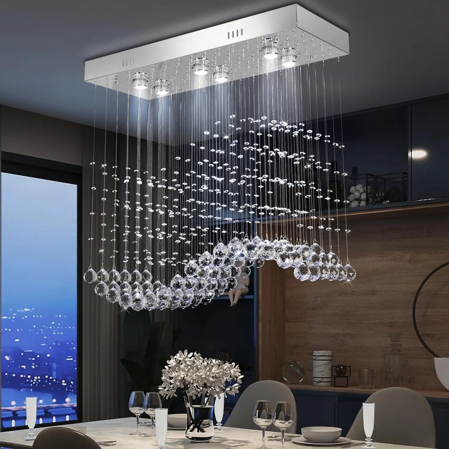 31.5'' Rectangular Linear Crystal Chandelier for Kitchen Island, 6-Light GU10 Hanging Pendant Light, Height Adjustable K9 Crysta