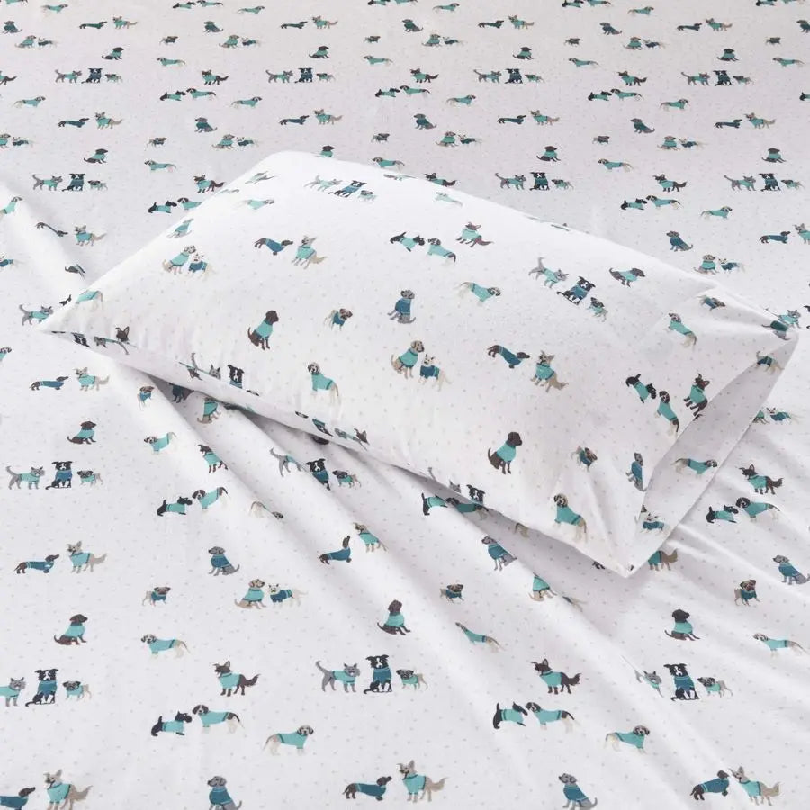 Cozy Flannel Animal Print Dogs Sheet Set 3 Piece Bedding