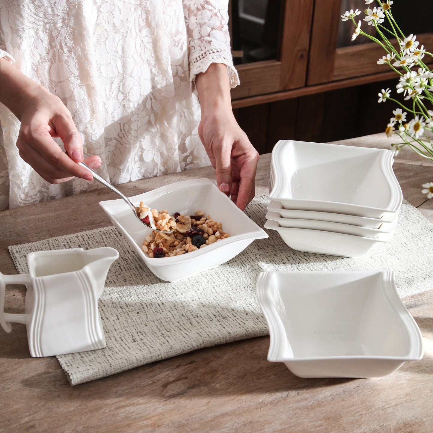 MALACASA 6-pieces FLORA White Porcelain Square Soup Cereal Oatmeal Bowls Dinner Breakfast Household Dinnerware Bowl Sets